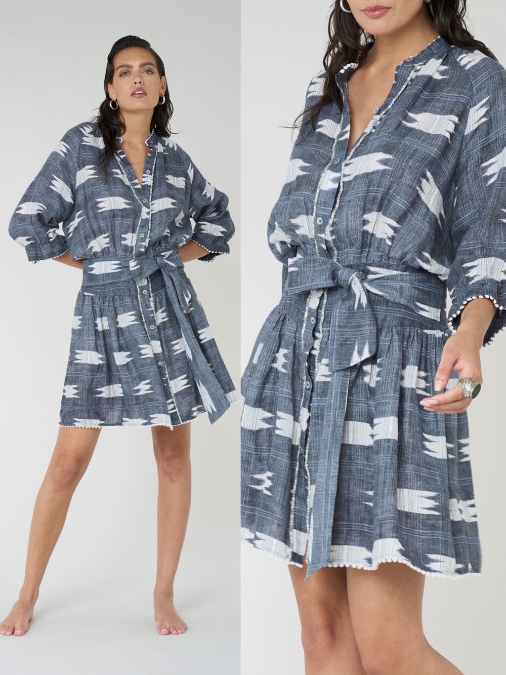BAZAR Deluxe • Linen Chemisier Dress grey linen ikat tie waist mini shirtdress